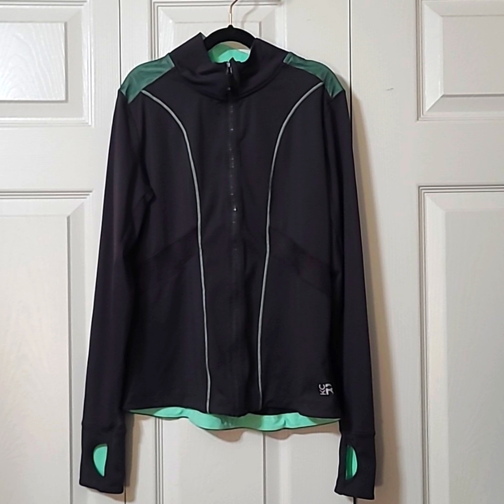 Gray & Teal Zip Up Sweatshirt Jacket w/Mesh Details Size Medium, Zippered Pocket